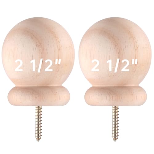2.5-Inch Round Wooden Ball Finials with Pre-Installed Screws, 2 Pack
