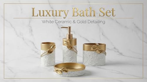 4-Piece Resin Bathroom Accessory Set, Gold Decorative Vanity Organizer