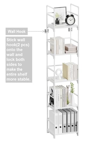 5-Tier Narrow Bookshelf, Slim White Storage Shelf for Small Spaces