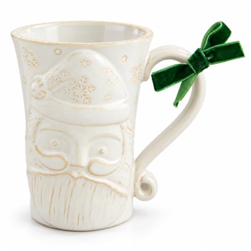 Mud Pie Santa Christmas Mug 12 oz Embossed Stoneware with Green Velvet Bow