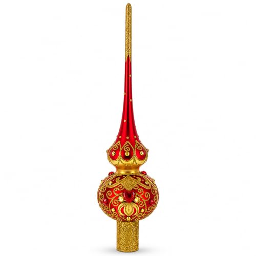 Golden Scrolls on Red Glass Christmas Tree Topper 11 Inches – Hand-Painted Ukrainian Craft