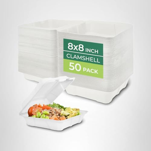 Freshware Clamshell Food Containers with Lids [8x8 200-Pack] Disposable To Go Containers, Biodegradable Sugarcane To Go Boxes - Paper Container - Microwave & Freezer Safe, Stackable