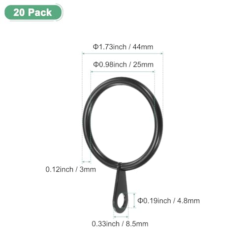 20-Pack Metal Curtain Rings with Eyelet, 1-Inch Interior Diameter Black
