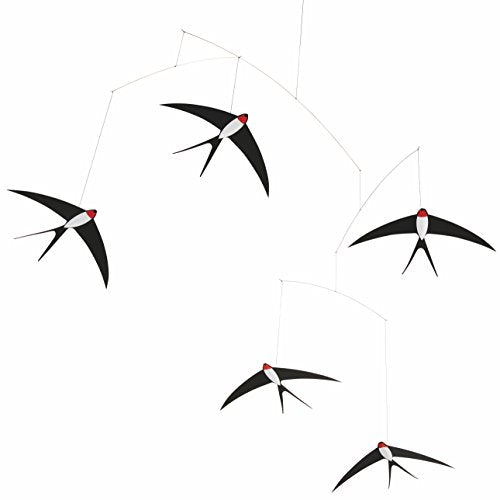 5 Flying Swallows Hanging Mobile - Decorative Danish Cardstock Art - 24 Inches
