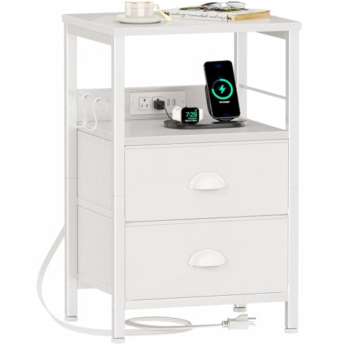 White End Table with Charging Station, 2 Fabric Drawers & USB Ports