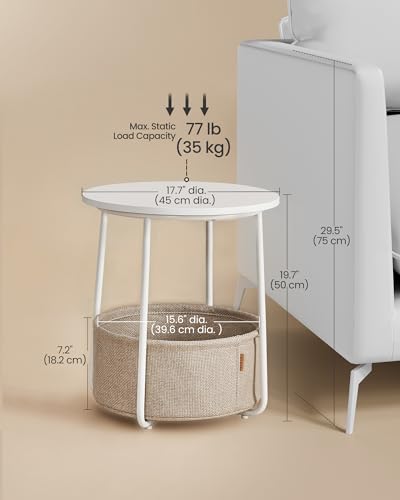 Small Round Side End Table with Fabric Storage Basket, Modern Nightstand