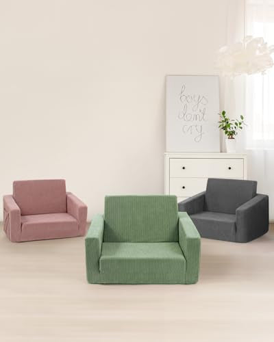 2-in-1 Fold-Out Kids Sofa Chair - Cozy Corduroy Convertible Couch, Green