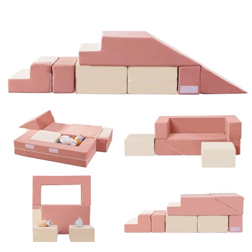 Modular Kids Foam Climbing Blocks and Soft Play Sofa Set, Beige & Pink