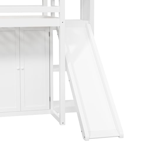 Twin Size Wood House Loft Bed with Wardrobe, Slide, and LED Lights