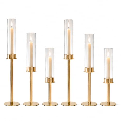 POKINE Gold 6pcs Taper Candle Holders Set – Varying Heights, Glass Candlestick Set