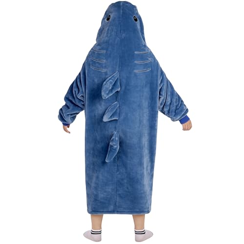 Shark Wearable Blanket Hoodie, Zippered Plush Shark Costume for Adults