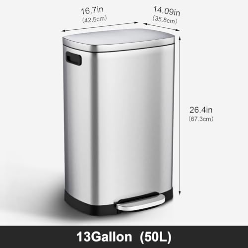 13 Gallon Stainless Steel Kitchen Trash Can with Soft Close Lid and Pedal
