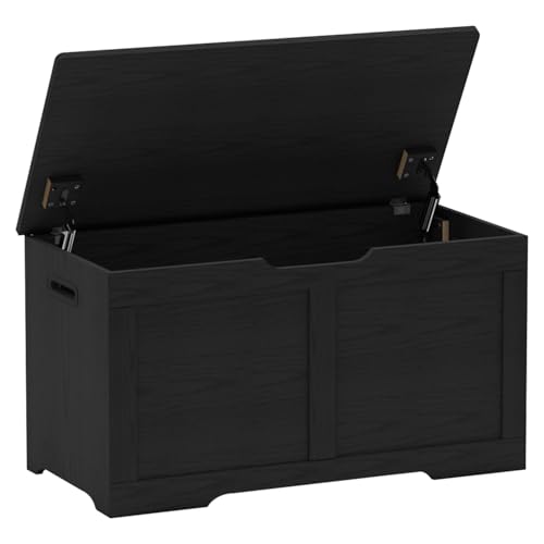 31.5-Inch Wooden Storage Bench with Safety Hinges, Large Lift-Top Toy Chest