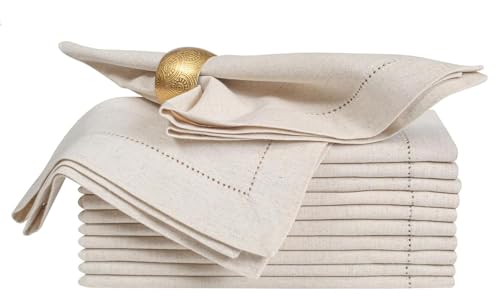 Linen Blend Cloth Dinner Napkins 18x18 - Set of 12 Hemstitched Table Napkins