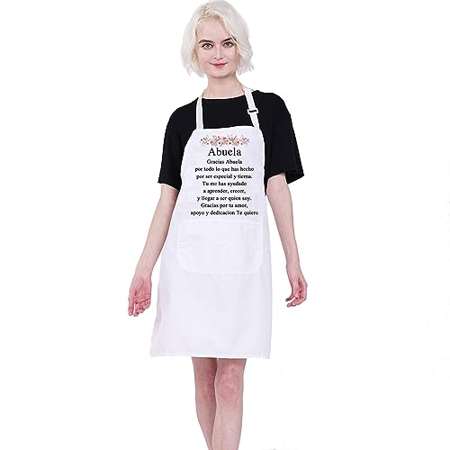 Spanish Grandma Gift Apron with Pockets - Gracias Abuela Kitchen Cooking Apron - White