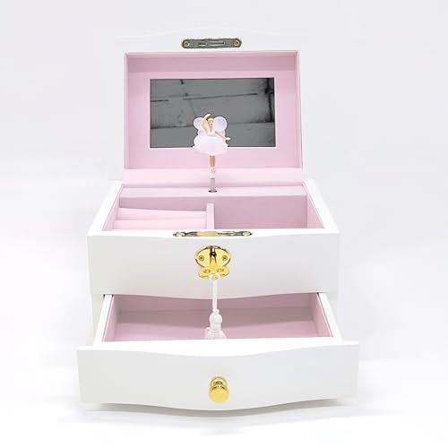 Wooden Musical Jewelry Box with Spinning Ballerina, Mirror and 2 Drawers