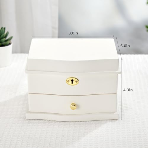 Wooden Musical Jewelry Box with Spinning Ballerina, Mirror and 2 Drawers