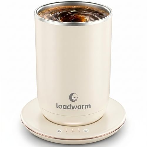 Loadwarm White Self-Heated Stirring Coffee Mug 10oz with Warmer - Auto Mixing & Temperature Control