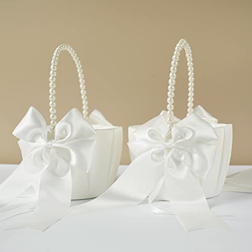 Ivory Satin Flower Girl Baskets with Pearl Handles - Set of 2