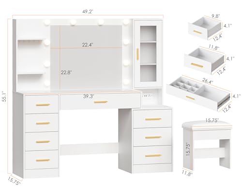 Large Makeup Vanity Desk with Lighted Mirror, Glass Top and Stool