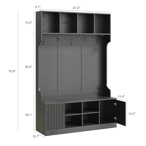 5-in-1 Hall Tree with Shoe Bench, LED Motion Sensor Light, and Storage