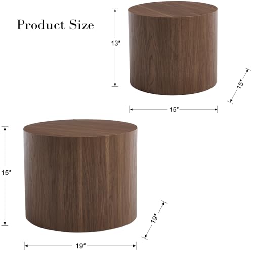 Round Wooden Nesting Coffee Table Set of 2, Walnut Finish End Tables