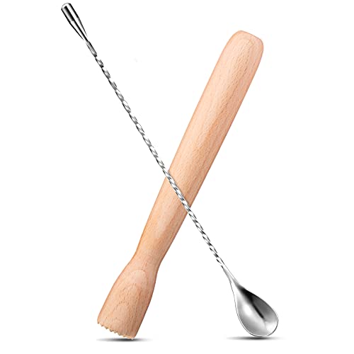 Patelai Natural Wooden Cocktail Muddler & Stainless Steel Bar Spoon Set