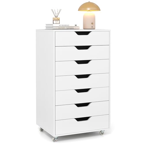 7-Drawer Mobile Rolling Storage Cabinet with Wheels, White Office Organizer