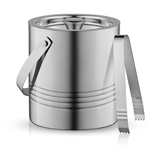 JoyJolt Double Wall Stainless Steel Ice Bucket with Lid & Tongs, 3L