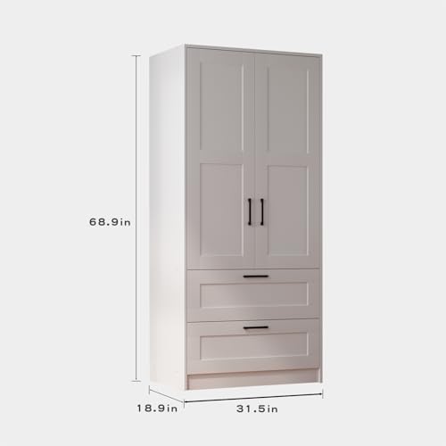 2-Door Wooden Wardrobe Closet with Drawers and Hanging Rod - White
