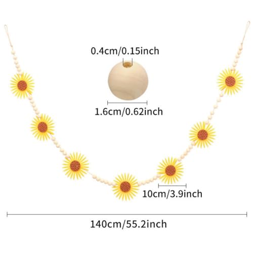 Farmhouse Wood Bead Garland with Felt Sunflowers and Tassels - 55 Inch