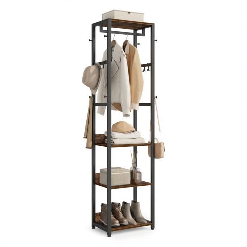 Industrial Freestanding Hall Tree with Storage Shelves and Hanging Rail