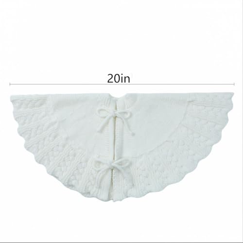 White Knit Christmas Tree Skirt 20 Inch with Scalloped Edge - Rustic Holiday Decor