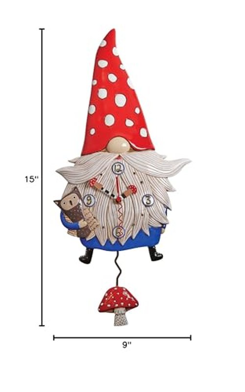 Enesco Allen Designs Wren The Gnome Holding an Owl Sculpted Pendulum Wall Clock, 14.96 Inch, Multicolor