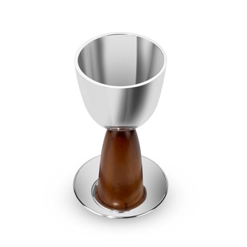Modern Kiddush Cup and Saucer Set – 7-Inch Alloy and Acacia Wood