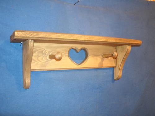 16-Inch Rustic Wooden Wall Shelf with Heart and Pegs, Walnut Stained