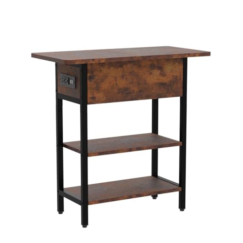 Narrow End Table with Charging Station & Flip Top Storage Shelves