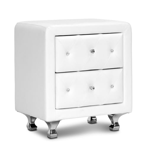 Tufted 2-Drawer Nightstand in White Faux Leather with Crystal Buttons