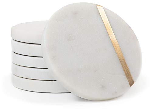Marble & Gold Brass Inlay Coasters Set of 6 | Elegant White Drink Coasters