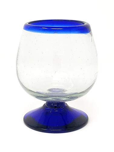 Mexican Hand Blown Cognac Snifter Glasses Set of 4 - Blue Rim, Eco-Friendly, Handmade