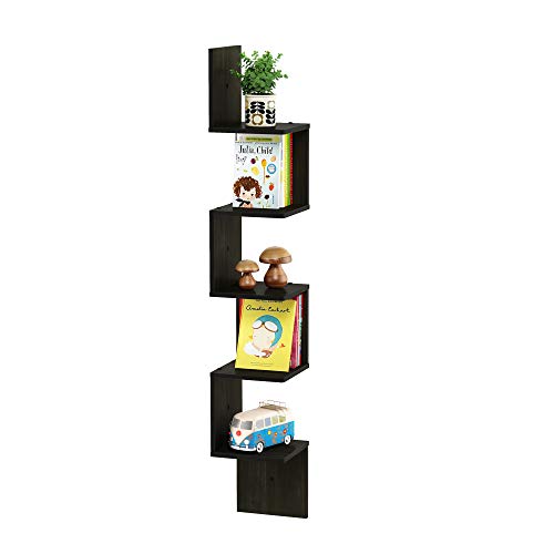 5-Tier Corner Floating Wall Shelf, Espresso Zigzag Storage Display