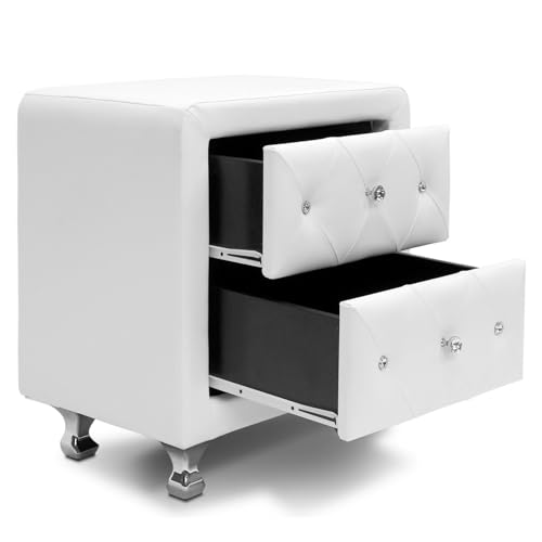 Tufted 2-Drawer Nightstand in White Faux Leather with Crystal Buttons