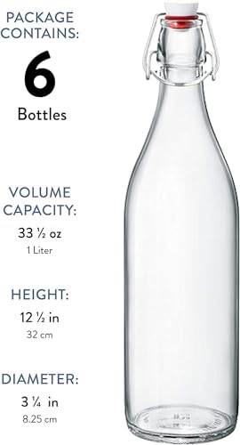 Bormioli Rocco 1L Glass Swing Top Bottles (6 Pack) - Leak-Proof Flip Top Storage Jars