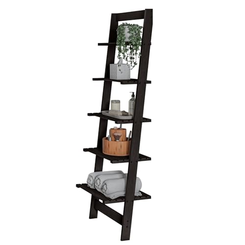 5-Tier Leaning Ladder Shelf, 50-Inch Narrow Wood Bookcase in Black