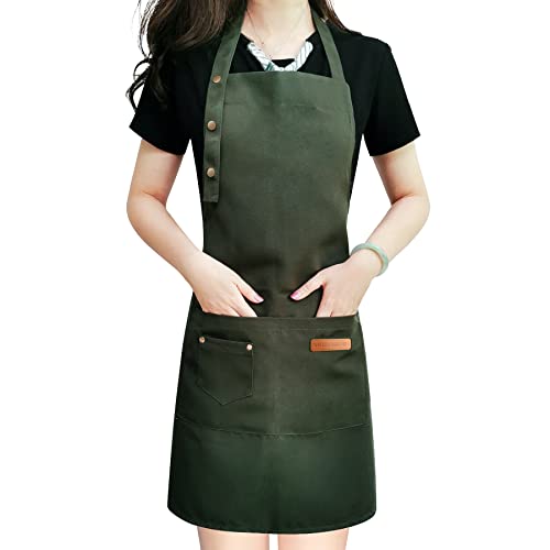 Waterproof Canvas Kitchen Apron with Pockets - Adjustable Bib for Cooking