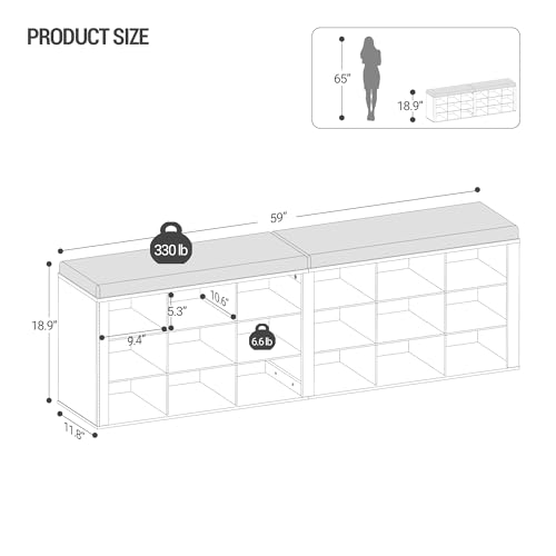 18-Cubby Shoe Storage Bench with Cushioned Seat - White Entryway Organizer