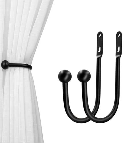 Wall Mount Curtain Tiebacks, 6-Inch Metal Drapery Holdbacks, Black - 2 Pack