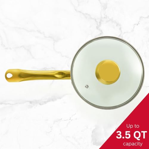 Holstein Housewares 3.5QT Ceramic Non-Stick Sauce Pan with Lid, Multipurpose Sauce Pan for Simmering & Boiling, Stainless Steel Golden Handle, Induction, Gas & Electric Compatible, White and Gold