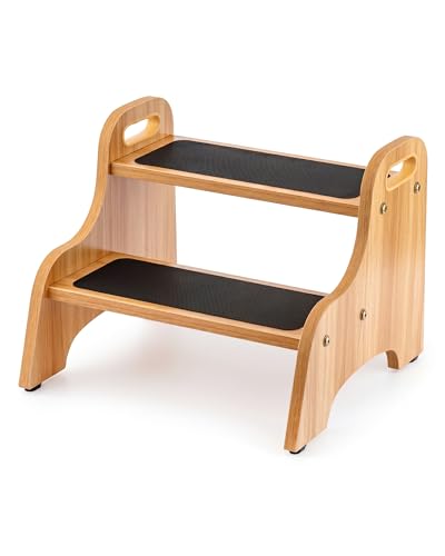 Wooden 2-Step Stool for Toddlers, Non-Slip Kitchen and Bathroom Stool