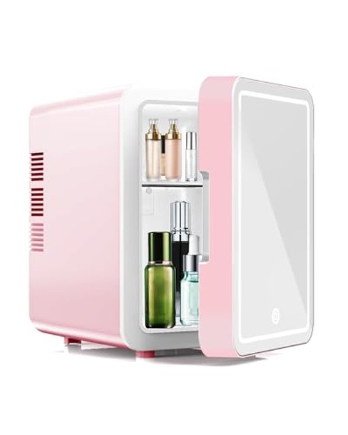 NISHCON Upgrade Skincare Fridge with Dimmable LED Light Mirror, 4L/6Can Cooler Warmer Mini Fridge for Skin care Cosmetic Makeup Beauty, Portable Mini Skincare Fridge for Bedroom Dorm Office Rv, Pink